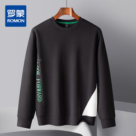 【桑蚕丝混纺 多色】罗蒙春秋男装字母印花卫衣男士撞色拼接卫衣休闲百搭圆领长袖T恤男 商品图0