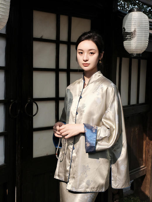 盛唐牡丹 |孔雀蓝双面穿菊花纹提花真丝外套 商品图2