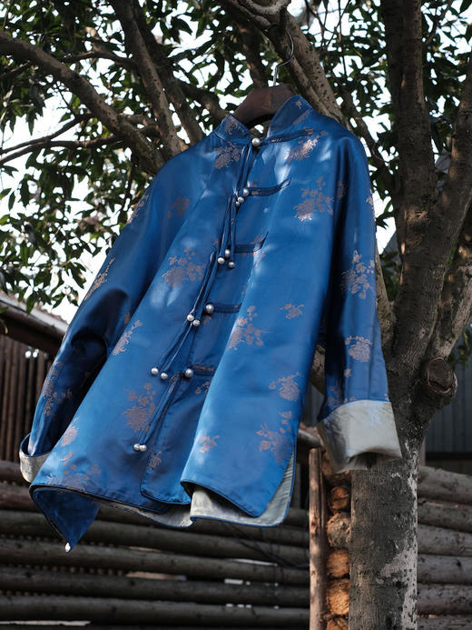 盛唐牡丹 |孔雀蓝双面穿菊花纹提花真丝外套 商品图5