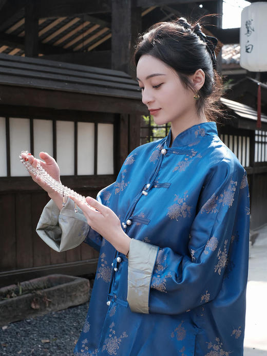 盛唐牡丹 |孔雀蓝双面穿菊花纹提花真丝外套 商品图4