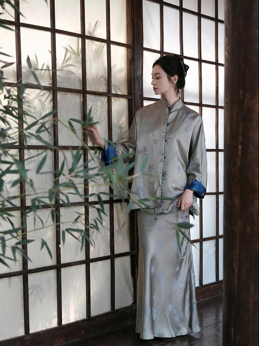 盛唐牡丹 |孔雀蓝双面穿菊花纹提花真丝外套 商品图9