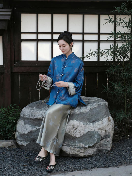 盛唐牡丹 |孔雀蓝双面穿菊花纹提花真丝外套 商品图12