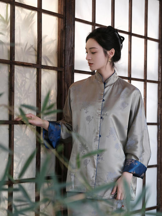 盛唐牡丹 |孔雀蓝双面穿菊花纹提花真丝外套 商品图3