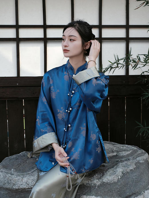 盛唐牡丹 |孔雀蓝双面穿菊花纹提花真丝外套 商品图13