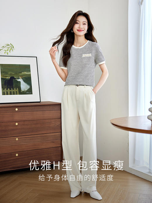 【专属特价】熙世界通勤小香风短袖T恤2025秋夏新款宽松设计感撞色圆领上衣 商品图3