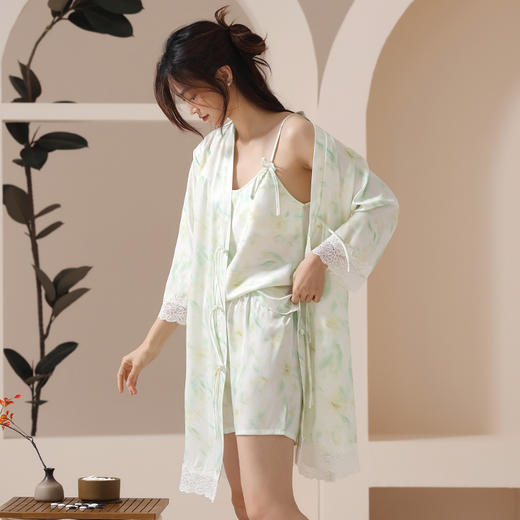 【凉感丝滑冰雪丝】自然醒醉卧花丛睡衣女春夏季冰丝绸性感蕾丝花边三件套吊带纯欲家居服JLM 商品图3