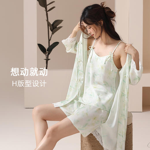 【凉感丝滑冰雪丝】自然醒醉卧花丛睡衣女春夏季冰丝绸性感蕾丝花边三件套吊带纯欲家居服JLM 商品图9