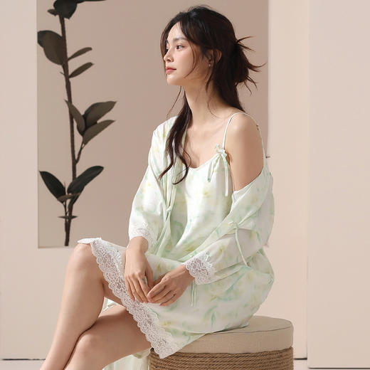 【凉感丝滑冰雪丝】自然醒醉卧花丛睡衣女春夏季冰丝绸性感蕾丝花边三件套吊带纯欲家居服JLM 商品图6