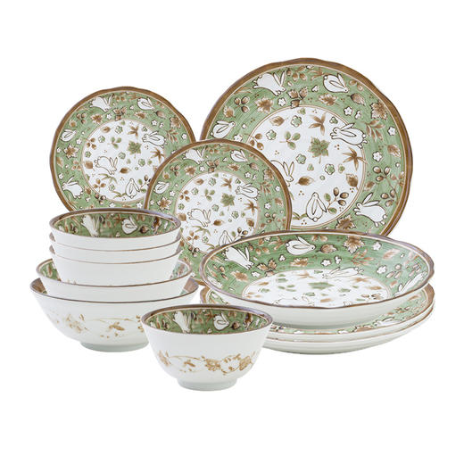 日本兔子碗盘子菜盘家用新款饭碗汤碗 釉下彩饭碗浅盘子平盘深盘12件套装 商品图7