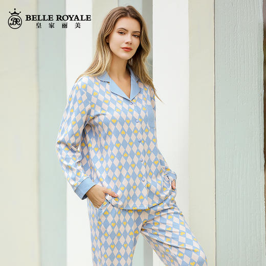 春秋睡衣女纯棉翻领长袖长裤薄款套装翻领开衫格子JJT90028 商品图0