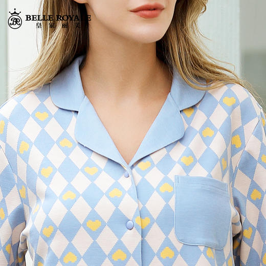 春秋睡衣女纯棉翻领长袖长裤薄款套装翻领开衫格子JJT90028 商品图4