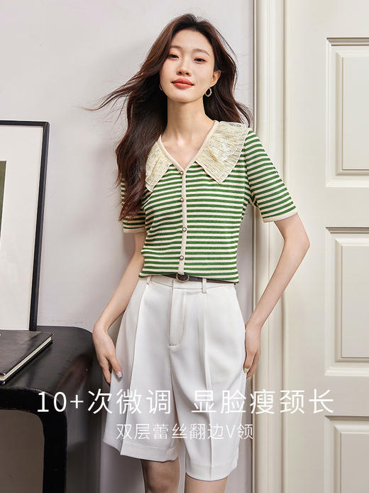 【专属特价】熙世界2025夏款甜美气质减龄娃娃领条纹T恤女短袖宽松休闲上衣 商品图2