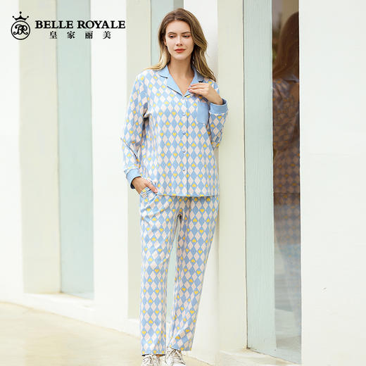 春秋睡衣女纯棉翻领长袖长裤薄款套装翻领开衫格子JJT90028 商品图3