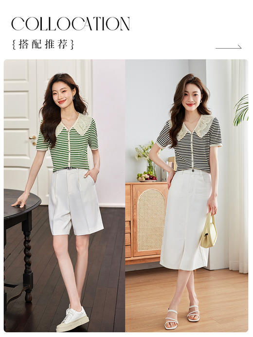 【专属特价】熙世界2025夏款甜美气质减龄娃娃领条纹T恤女短袖宽松休闲上衣 商品图4