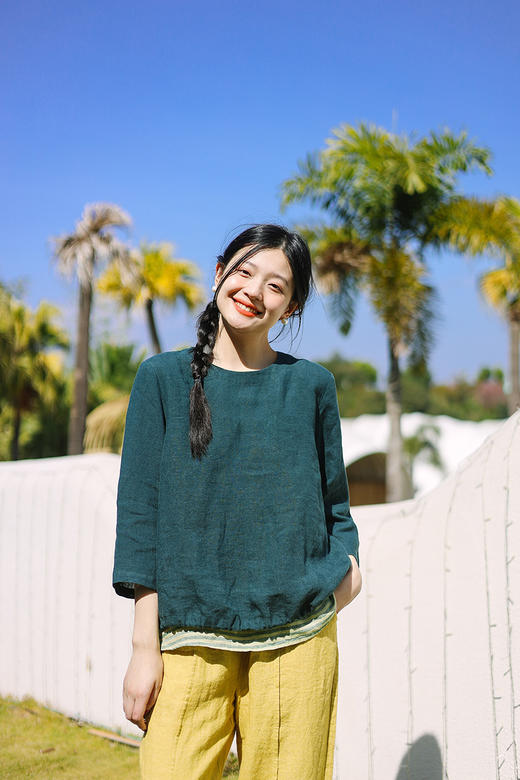 绽放【青山係·三件套】高端法国高支亚麻山系穿搭T恤吊带休闲裤 商品图5