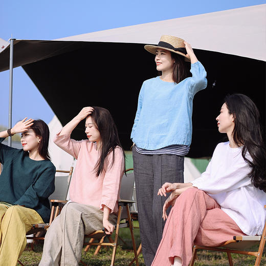 绽放【青山係·三件套】高端法国高支亚麻山系穿搭T恤吊带休闲裤 商品图0