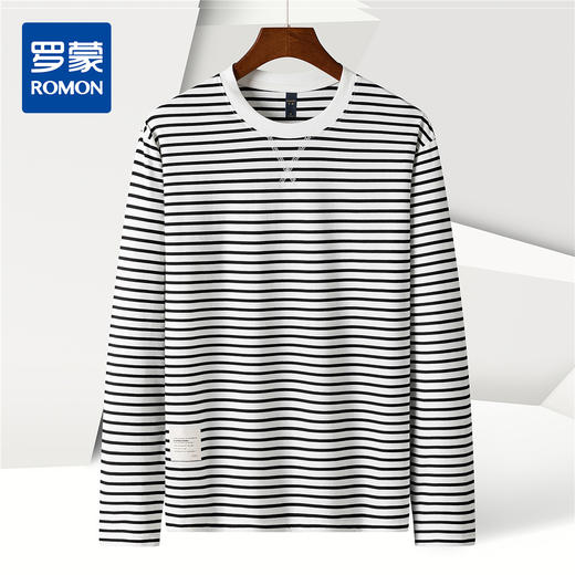 【桑蚕丝混纺】罗蒙春夏男装绣花胸标海魂衫t恤男长袖t恤男时尚男士条纹t恤长袖男 商品图0