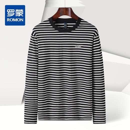 【桑蚕丝混纺】罗蒙春秋绣花胸标海魂衫t恤男长袖t恤男时尚条纹t恤长袖男 商品图4