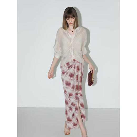 COCOBELLA晕染玫瑰印花高腰捏褶围裹式半身裙气质长裙HS7032 商品图2