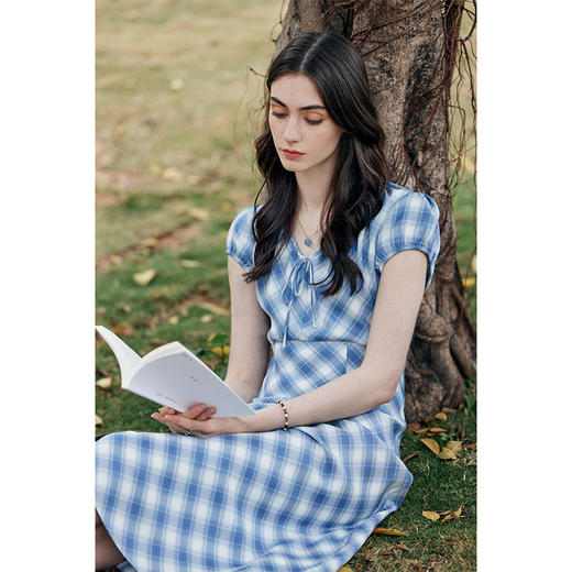 HeyDress格纹连衣裙女夏季法式V领系带收腰设计垂感田园气质裙子 商品图1