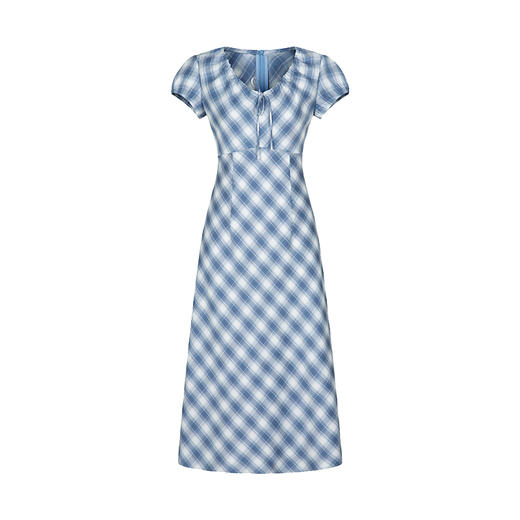 HeyDress格纹连衣裙女夏季法式V领系带收腰设计垂感田园气质裙子 商品图4