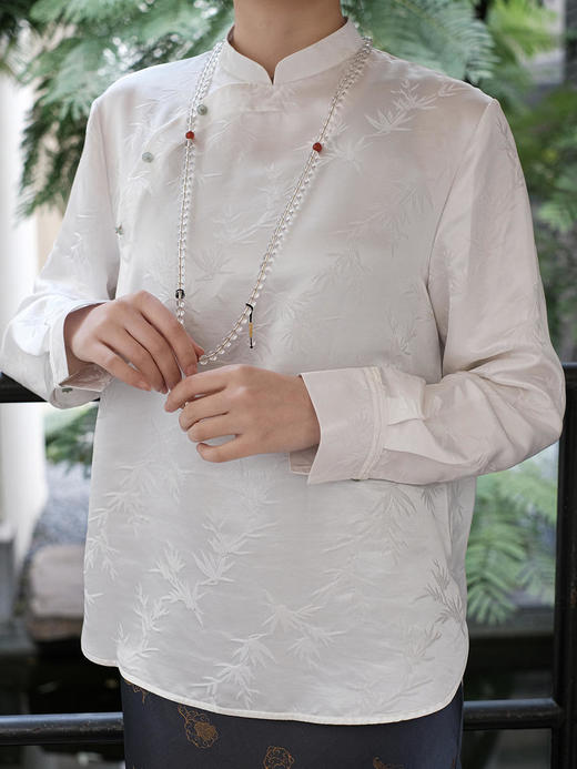 瑕疵 |盛唐牡丹| 珍珠白真丝竹子纹偏襟上衣[特价品](特殊商品不退不换) 商品图4