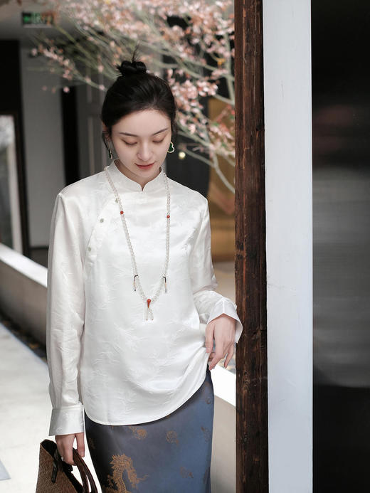 瑕疵 |盛唐牡丹| 珍珠白真丝竹子纹偏襟上衣[特价品](特殊商品不退不换) 商品图8