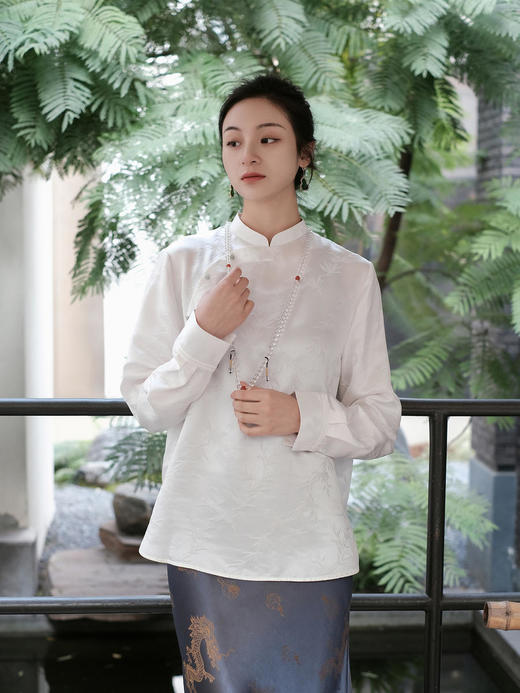 瑕疵 |盛唐牡丹| 珍珠白真丝竹子纹偏襟上衣[特价品](特殊商品不退不换) 商品图7