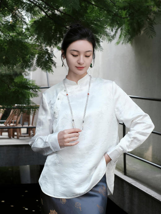 瑕疵 |盛唐牡丹| 珍珠白真丝竹子纹偏襟上衣[特价品](特殊商品不退不换) 商品图11