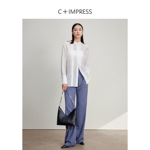 西嘉C+IMPRESS/西嘉醋酸桑蚕丝复古白色衬衫长袖翻领塔克褶半透视上衣CS2401083 商品图2