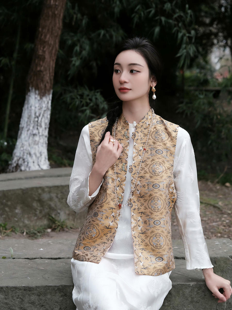 盛唐牡丹 |鹤鹿同春宋锦双面穿马甲