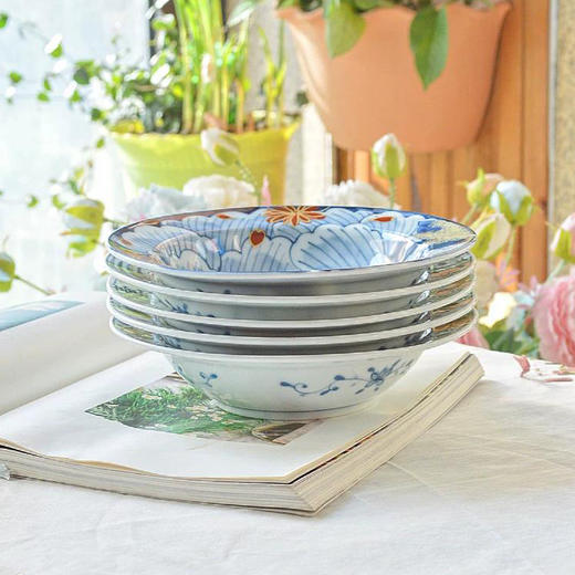 日本和蓝古伊万里花浪漫饭碗陶瓷盘子大深菜盘家用餐具礼盒套装 商品图8