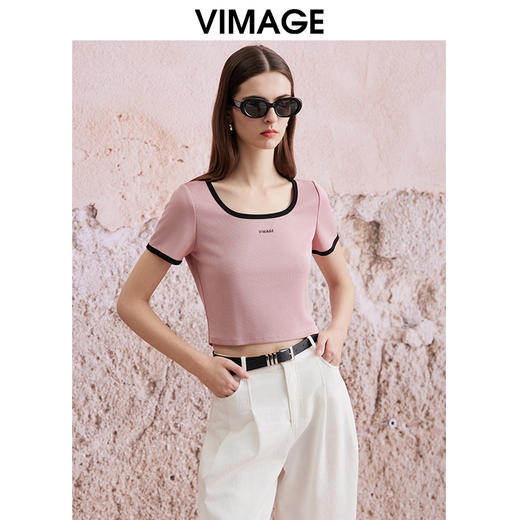 VIMAGE纬漫纪夏季新款百搭通勤方领撞色短款T恤上衣V2102711 商品图3