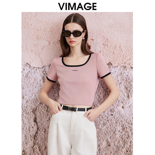 VIMAGE纬漫纪夏季新款百搭通勤方领撞色短款T恤上衣V2102711 商品图5
