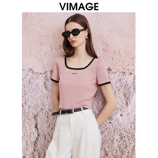 VIMAGE纬漫纪夏季新款百搭通勤方领撞色短款T恤上衣V2102711 商品图2
