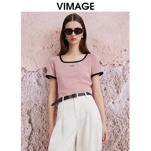 VIMAGE纬漫纪夏季新款百搭通勤方领撞色短款T恤上衣V2102711 商品图0