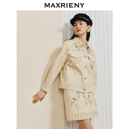 【商场同款】MAXRIENY鎏光花鸟绣花牛仔短裙艺术复古感高腰A字裙(货号:MC88SK009) 商品图2