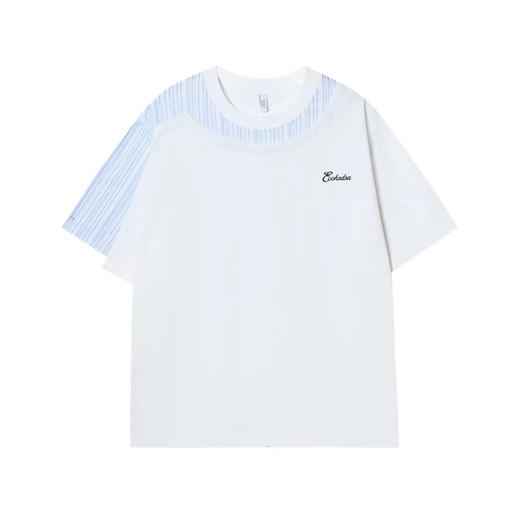 T630夏季新款国潮条纹拼接T恤设计感男女情侣短袖牌宽松圆领休闲上衣 商品图1