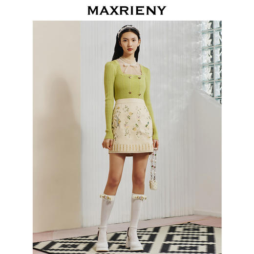 【商场同款】MAXRIENY鎏光花鸟绣花牛仔短裙艺术复古感高腰A字裙(货号:MC88SK009) 商品图1
