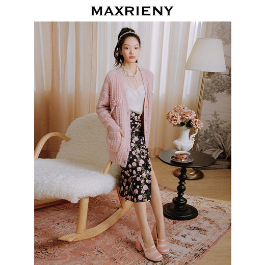 玛克门店发货：【商场同款】MAXRIENY玫瑰印花高腰开叉包臀半裙复古优雅裙子女(货号:MC88SK006) 商品图1