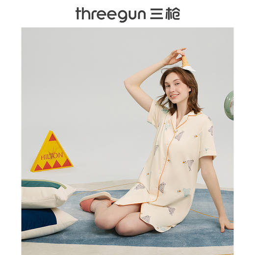Threegun三枪 【舒感棉】翻领开襟短袖女士家居裙睡裙-70453A011 商品图0