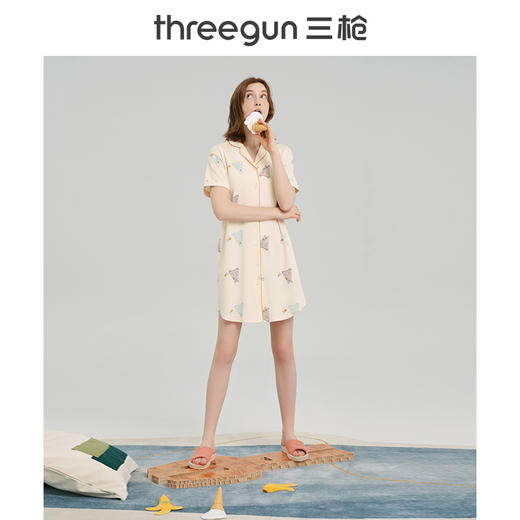 Threegun三枪 【舒感棉】翻领开襟短袖女士家居裙睡裙-70453A011 商品图3