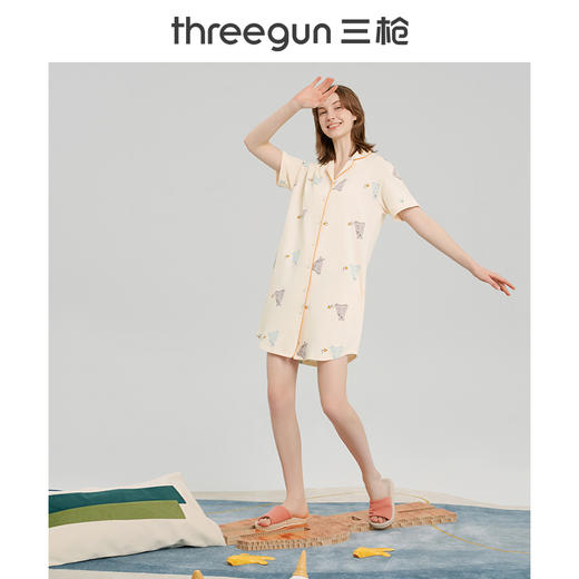 Threegun三枪 【舒感棉】翻领开襟短袖女士家居裙睡裙-70453A011 商品图2