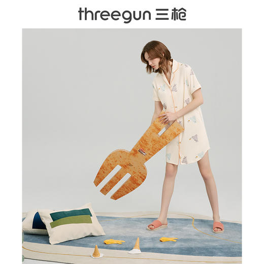 Threegun三枪 【舒感棉】翻领开襟短袖女士家居裙睡裙-70453A011 商品图1