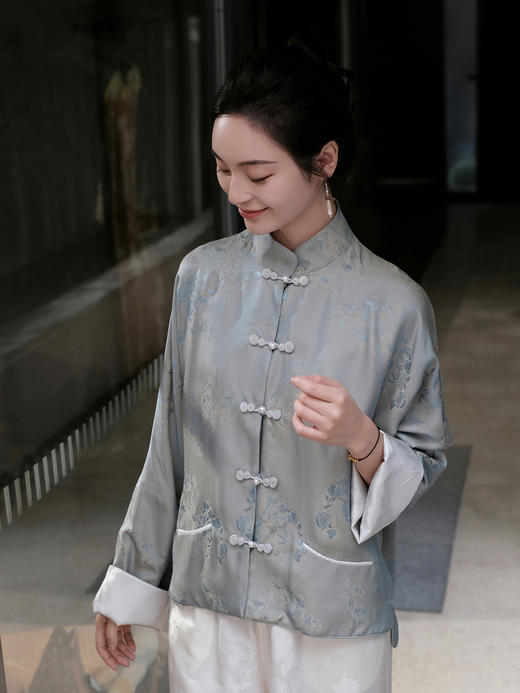 盛唐牡丹 |桃之夭夭蓝灰色真丝双面穿外套(不夹棉) 商品图4