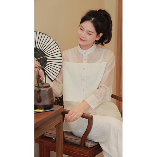 【抖音专属】拼接衬衫（23710226-本白） 商品图1