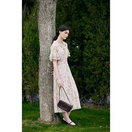 HeyDress法式印花连衣裙女夏季翻领系带收腰设计感浪漫荷叶边裙子 商品图2