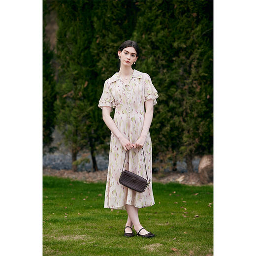 HeyDress法式印花连衣裙女夏季翻领系带收腰设计感浪漫荷叶边裙子 商品图1
