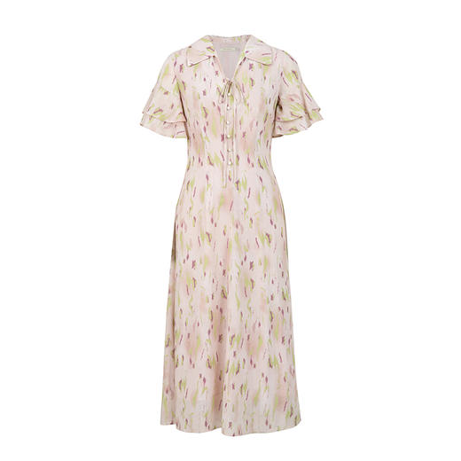 HeyDress法式印花连衣裙女夏季翻领系带收腰设计感浪漫荷叶边裙子 商品图4