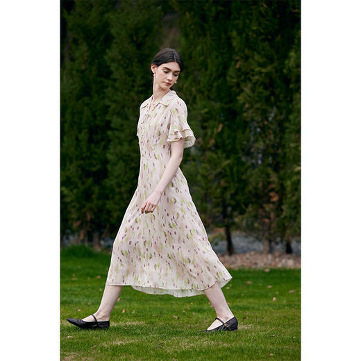 HeyDress法式印花连衣裙女夏季翻领系带收腰设计感浪漫荷叶边裙子 商品图3